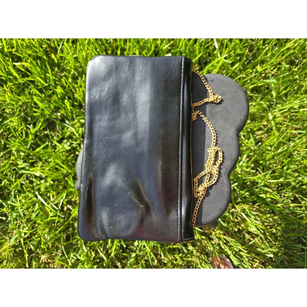 Vintage Black Leather Envelope Clutch Amber Triangle Gold Chain Crossbody Bag